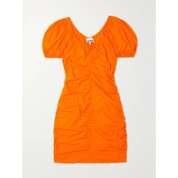 Ganni Dresses & Skirts - Ganni 'Bow-Detailed' Orange Ruched Cotton-Poplin Bow Accent Mini Dress Size 2 -
